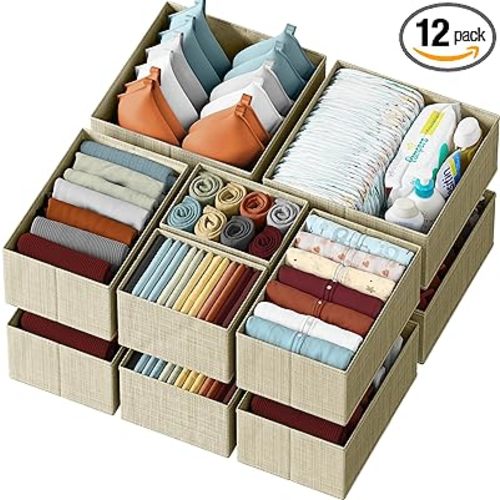 Drawer Organizer Clothes Set of 12 Beige - Dresser Organizer For Nursery, Bedroom, Closet - The Perfect Baby Clothes Organizers and Storage & General Nursery Organization or Dresser Drawer Organizers
