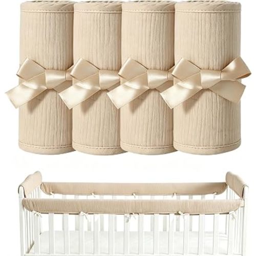 Cot Rail Protector, Adjustable Strap Bed Rail Cover for Kids Cot Protection, Breathable Cotton Gauze Bed Edge Guard, Furniture Edge Protector, Snug Non-Shift Wrap (Khaki White)