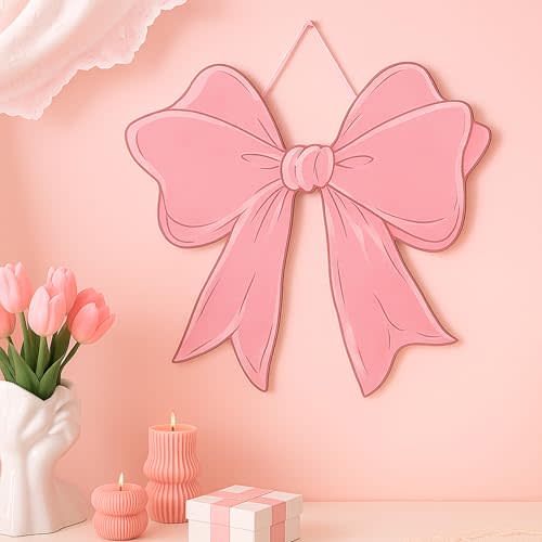 RattanView Pink Bow Wooden Hanging Sign Coquette Bow Wall Hanging Hanger Cute Preppy Wall Art Bowknot Welcome Door Sign Girly Decor for Girls Room College Dorm Apartment Indoor Outdoor Porch