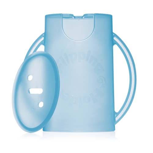 Deluxe Flipping Holder with Lid for Snacks & Juice Boxes - Prevent Mess, Supports Self-Feeding (Blue)