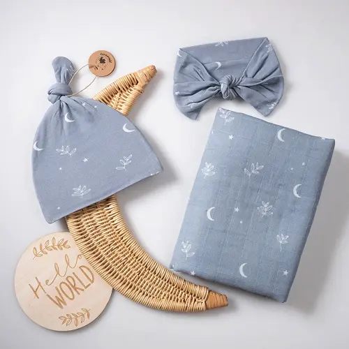 Miaoberry 100% Organic Muslin Swaddle Set w Matching Hat/Bow| Moon Leaves in Haze Blue| Hospital Home-Coming Baby Announcement Blanket Gender Neutral for Boy n Girl