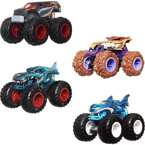 Hot Wheels Monster Trucks, 1:64 Scale Toy Monster Trucks, Set of 4, Giant Wheels, Favorite Characters and Cool Designs