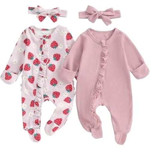 Baby Girl Footies Newborn Zipper Sleeper 2 Pack Ruffle Pajamas Romper Coming Home Outfit