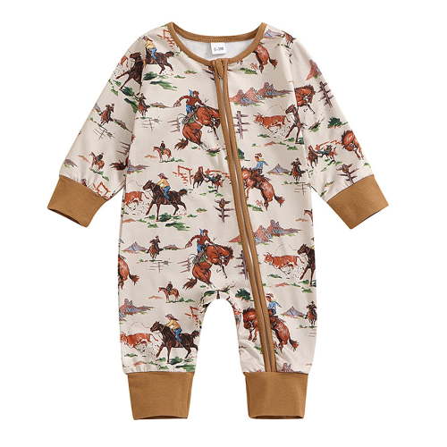 Bainana Boys Western Cow Print Romper With Long Sleeve Crew Neck Zip Up Bodysuit Comfortable Soft Infant Baby Unisex Sleep Outfit Jumpsuit Brown Size 3-6 Months