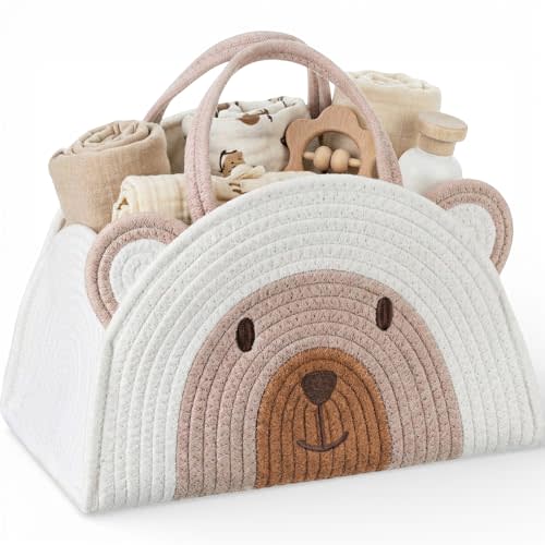 Large Baby Diaper Caddy Organizer Cute Bear Cotton Rope Empty Gift Basket for Baby Shower Newborn Essentials Nursery Storage Bin for Laundry Car Home Organizer, 14.6 x 10.6 x 8.7 Inch