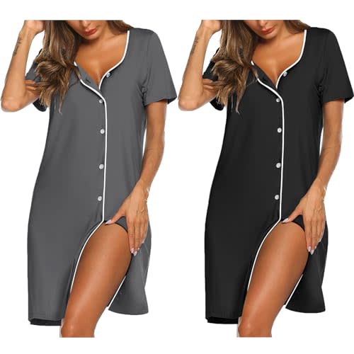 Ekouaer Nightgowns for Women 2 Pack Button Down Sleepshirt Short Sleeve Nightshirt Soft Sleepwear V Neck Pajama Dress