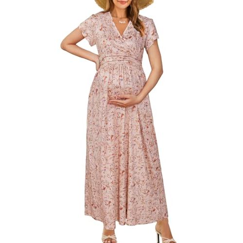 OUGES Maternity Maxi Dress Wrap Baby Shower Pregnancy Dresses for Photoshoot Maternity Outfits Summer Clothes 2026