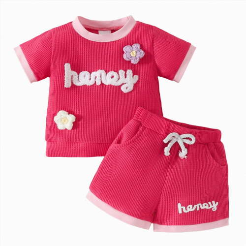TOWED22 Toddler Baby Girl Summer Clothes Ribbed Knit Cotton Cute Summer Outfits Short Sleeves 2 Pieces Shorts Set 12M - 5T(Hot Pink,12-18 M)
