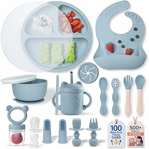 Remonda BPA-Free Silicone Baby Feeding Set | Extra Large Suction Plates, Toddler Bowls, Self Feeding Spoons, and More | Dishwasher Safe| Baby Led Weaning Supplies （Blue）
