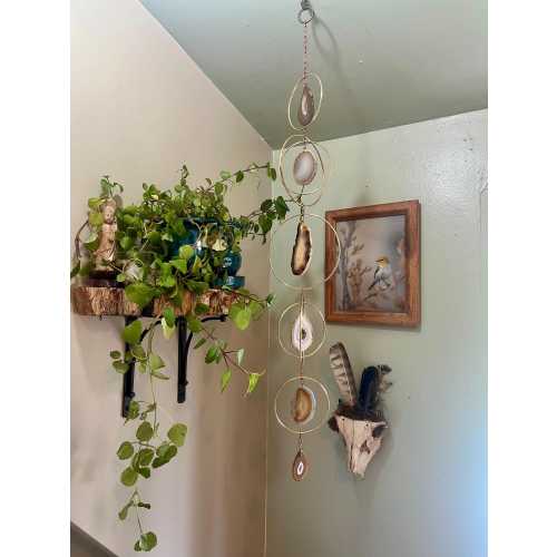 Natural Agate Sun Catcher | Boho Crystal Window Hanging | Handmade Gold Hoop Wall Decor | Agate Slice Mobile | Modern Bohemian Home Decor