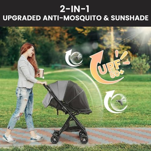 Bemece 2-in-1 Durable Baby Mosquito Net with UPF50+ Sunshade for Stroller, Universal Mosquito for Stroller with Two-Way Zippers & Storage Bag, Breathable & Foldable Baby Bug Net for Strollers