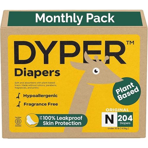 DYPER Monthly Pack Newborn Diapers Size 0 (204 Count) - Leak-Proof & Plant Based, Hypoallergenic, Fragrance Free & Ultra Absorbent Diapers Newborn for Day and Overnight Skin Protection