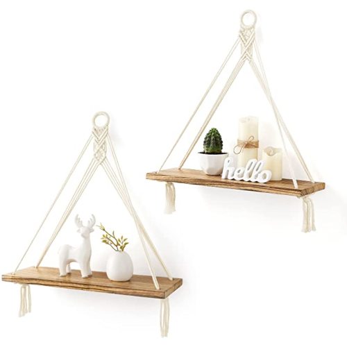 Mkono Macrame Hanging Shelves Boho Wall Decor Set of 2 Rustic Wood Floating Storage Shelf for Bedroom Bathroom Living Room Nursery Dorm Room, Display Shelving for Hanging Plants Photos