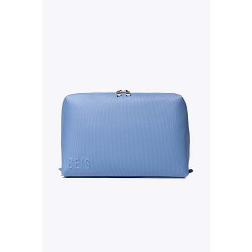 BÉIS ‘The Large Cosmetic Pouch’ in Dusty Blue - Blue Large Cosmetic Travel Bag & Makeup Bag