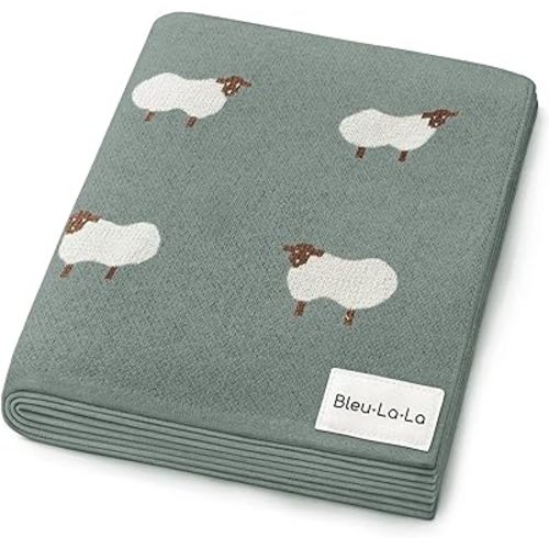 Knit Baby Swaddle Blanket - 100% Cotton Soft Cozy Receiving Swaddle Stroller Blanket for Shower Gift Registry for Newborns, Infants, Toddlers (Sheep - Pasture Green)