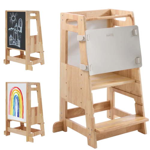 HARPPA Toddler Tower with Adjustable Height and Anti-Slip Protection, Kids Standing Tower with Safety Rail, Nordi Kids Kitchen Tower with Chalkboard, Natural