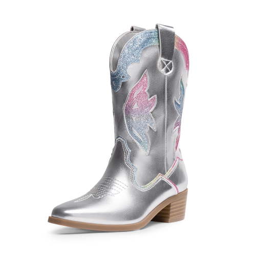 BURUDANI Girls' Western Cowgirl Cowboy Boots Glitter Rainbow Embroidered Mid-Calf Boots