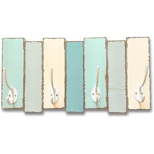Beachy Wood Wall Rack-4 Double Metal Hooks-Distressed Beach Decor Finish