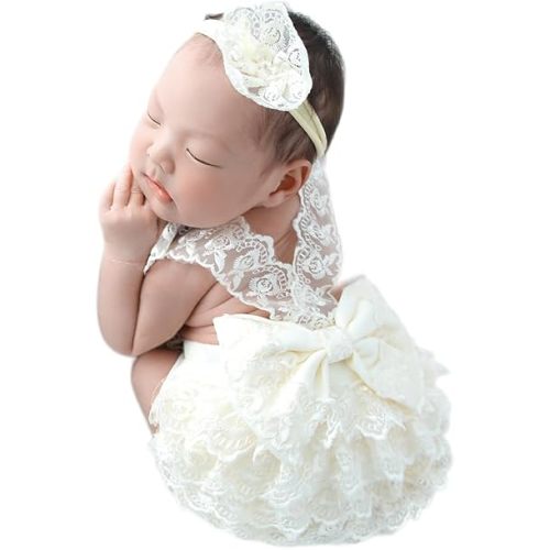 Ylsteed Newborn Photography Outfits Girl Newborn Photography Props Lace Romper Baby Photo Shoot Outfits Girls Photo Props (Strap Style - Beige)