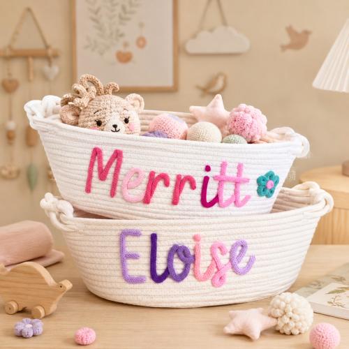 Personalized Cotton Rope Basket with Name, Custom Nursery Storage Basket, Baby Room Toy Organizer