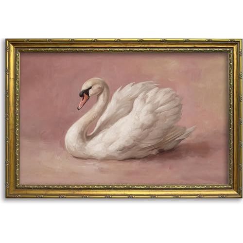 DR.RiftArt Vintage Wall Art Gold Framed Pink Swan Decor Goose Painting | Elegant Animal Picture, Rustic Farmhouse Style, for Living Room Bedroom Office 16x24 inch