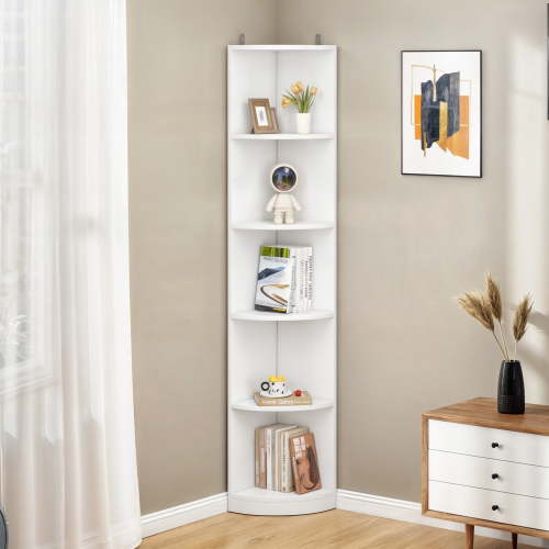 Uforic Tall Corner Shelf, 5-Tier Bookshelf, Modern Corner Bookcase Display Rack Storage Shelves, White