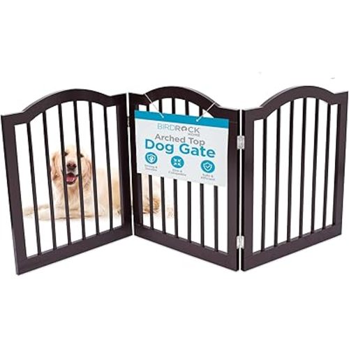 INTERNET'S BEST Arched Top Dog Gate | 3 Panel, 24" H Wooden Pet Barrier for Dogs or Cats | Freestanding Folding Room Divider for Doorways, Hallways, Stairs, and Porch | Portable, Extra Wide | Espresso