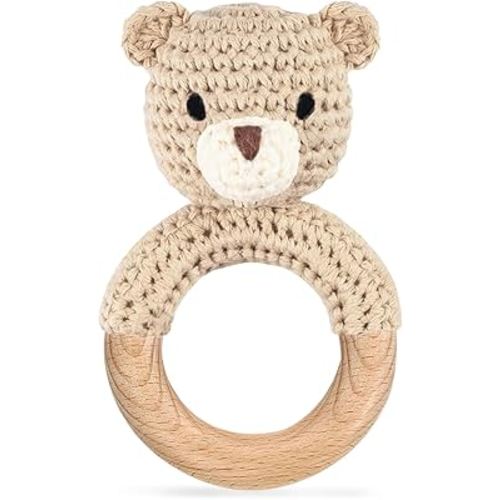 Wooden Baby Rattle, Handmade Crochet Stuffed Animal Organic Rattle Toys, Beige Bear Rattles for Babies 0-6 Months with Wood Teething Rings, Baby Announcements Ideas