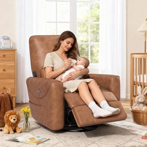 Nursery Recliner Rocking Chair, 270° Swivel Glider, with Bluetooth Speaker & USB-C Port, Faux Leather Nursery Rocking Chair, Brown