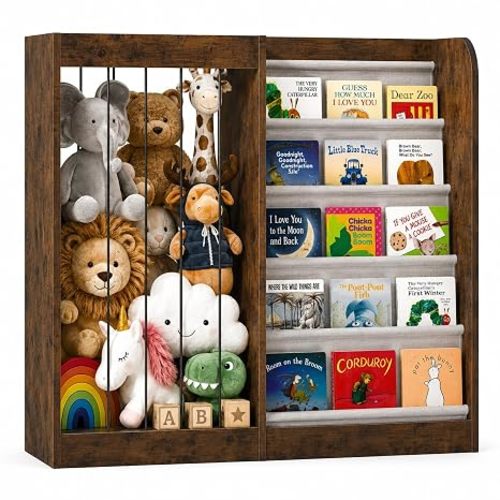NACHES Kids Bookshelf & Stuffed Animal Net Holder 5 Tier Sling Bookshelf and Plush Toy Storage Organizer with Elastic Cord Montessori Toddler Bookcase for Kids Rooms Playroom Bedroom Nursery, Walnut