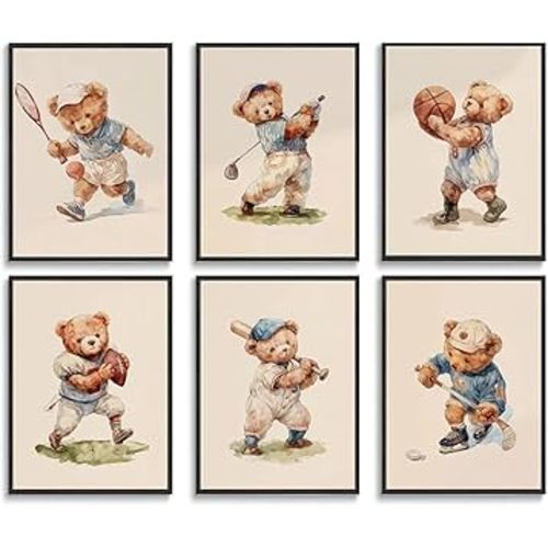 6Pcs Teddy Bear Sports Wall Art Vintage Cute Animal Wall Decor Pictures Basketball Rugby Baseball Kids Room Posters Prints for Children Bedroom Nursery Boy-Room Decoration Unframed