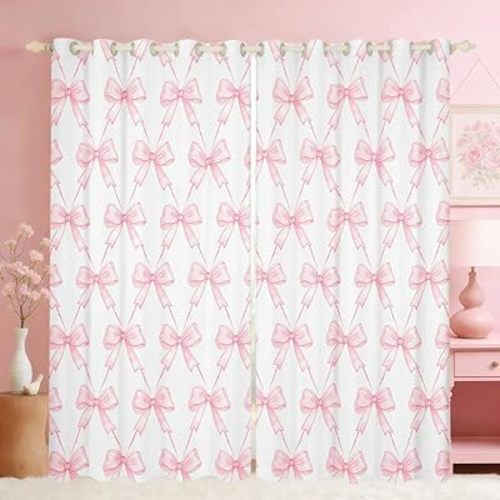 Feelyou Bow Room Darkening Blackout Curtain Boys Girls (2 Panels, 38 x 45 Inch) Pink Girls Bow Curtains for Bedroom Living Room Cute Bowknot Blackout Curtains Kawaii Window Treatments