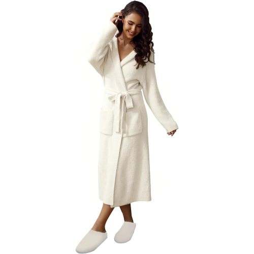 MH MYLUNE HOME Ultra Soft Robe With Pockets, Spa Bathrobe Loungewear Calf-Length, Plush Fuzzy Fluffy Wrap Robe for Women