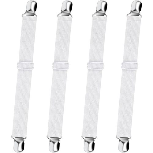 Bed Sheet Straps, Sopito Adjustable Elastic Fitted Sheet Corner Holders Straps to Stay in Place, Non-Slip Fasteners Clips Compatible for Crib to King Size Bed, White 4Pcs