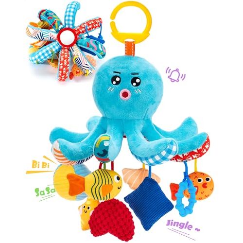 hahaland Baby Toys 0-6 Months Car Seat Toy Octopus Plush with Pulling Cords | Infant Hanging Toy for Baby Gym, Stroller, Carseat - 3 4 Month Old Toys for Babies with Squeaky, Crinkle, Rattle, Mirror