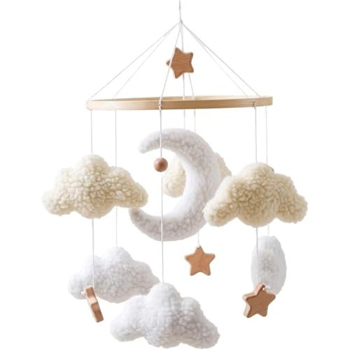 Baby Crib Mobile, Hanging Nordic Style Nursery Mobiles With Moon, Clouds & Wooden Stars Baby Mobile for Crib - Beige