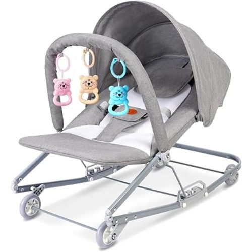 HKAI Rocking Baby Bouncer with Canopy, 2-Mode Rocking & Rolling Infant Seat, Portable Baby Chair for 0-18 Months(Light Grey)