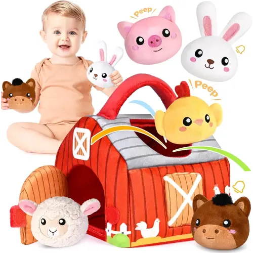 KMUYSL Baby Toys 0-6 6-12 Months, Plush Big Red Barn with Farm Animals, Soft Sensory Toys with Crinkle, Rattles for 0-3-6-9-12 Month Newborn Infant, Christmas Easter Birthday Gifts for Baby Boys Girls