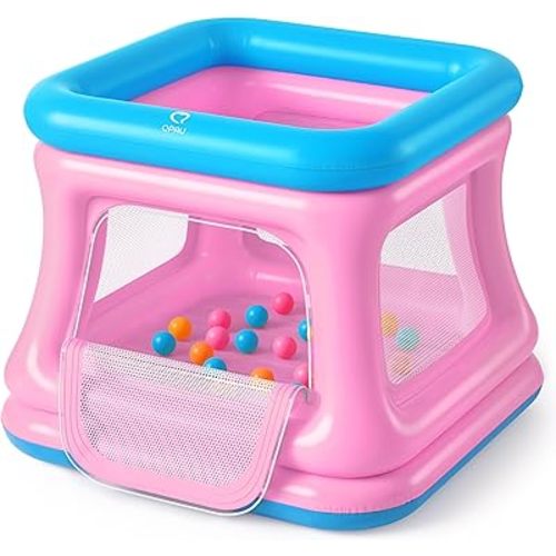 QPAU 3-in-1 Inflatable Bounce House for Toddlers 1-3, Ball Pit & Trampoline, Inflatable Bouncy House with Safety Net, Indoor & Outdoor Bubble Bouncer Baby Play Yard（Blue & Pink）