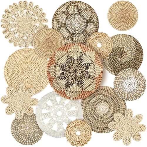 Xuhal 15 Pcs Boho Wall Basket Decor Handcrafted Seagrass Woven Wall Basket Rustic Round Woven Hanging Art for Home Farmhouse Kitchen Table Living Room(Classic Style)