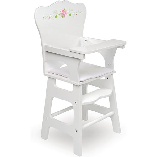 Badger Basket Doll High Chair - White and Rose Wood Design with Padded Seat and Lifting Tray - Fits 14 to 18 Inch Dolls for Pretend Mealtime Play - White/Rose