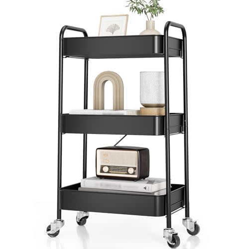 TOOLF 3 Tier Metal Rolling Cart, Utility Storage Cart with Wheels, Black | Screwless Assembly, Lockable Metal Wheels, Trolley Organizer for Bathroom, Kitchen, Office, Dorm, Laundry, Craft Room