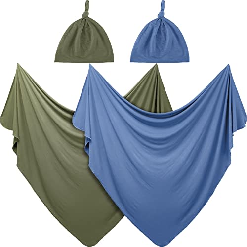 JaGely 2 Pack Baby Newborn Swaddle Blanket and Hat Set 47" x 47" Large Stretchy Receiving Blankets Set for Newborn Baby(Blue, Army Green)