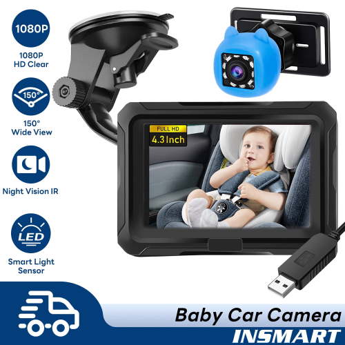 INSMART Baby Car Camera, 4.3" HD Night Vision Car Baby Monitor, 150° Wide Clear View, 360° Adjustable, Easy Install for Newborns & Toddlers