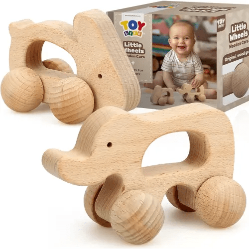 TOY Life Wooden Toys Cars, Montessori Toys for Babies 0-6-12 Months, Babies Bunny Rattle Cars for Toddlers 1-3, Wooden Baby Toys Gift 1 Year Old, Baby Boy Nursery Decor, Elephant & Rabbit Toy Car