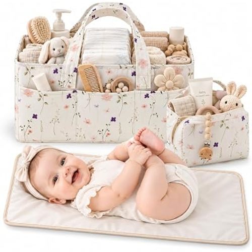 PeraBella Baby Diaper Caddy Organizer 3 Pcs Set, Floral Baby Basket Shower Gift, Nursery Organizer Basket for Newborn Boy Girl Essential Items, Changing Table Organizer Caddy for Baby Stuff, Car Caddy