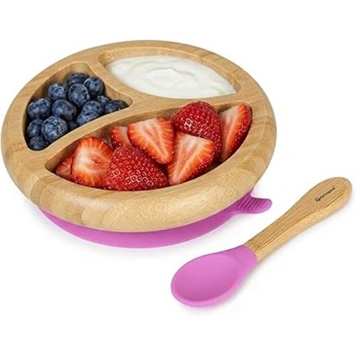 Abiie Octopod Bamboo Dish - Kids Plates for 4 months and up, 3-Compartment Baby Plates with Suction, Round Bamboo Baby Plate, Mess-Free Toddler Suction Plates, Baby Feeding Supplies, 7.5 x 7.5 x 1.9in