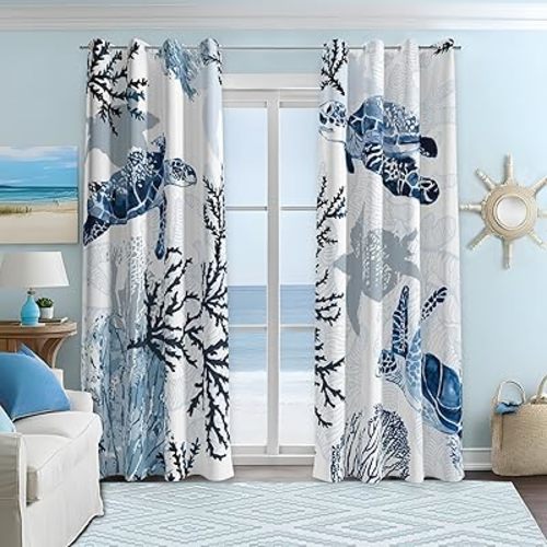 Nautical Coastal Curtains Decorative Beach Ocean Sea Turtle Coral 50% Light Blocking Sea Darkening Grommet Curtain For Villa Living Room, Bedroom Navy Blue and White 2 Panels Set, 52x63 Inches