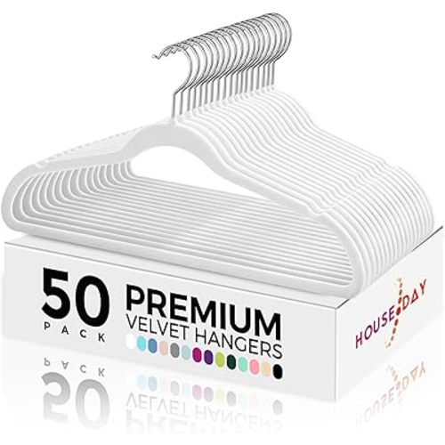 HOUSE DAY Premium Velvet Hangers 50 Pack, Non-Slip Flocked Felt Hangers, Sturdy Clothes Hangers with 360° Rotatable Hook, Heavy Duty Coat Hanger, Durable Slim White Hanger for Closet Space Saving