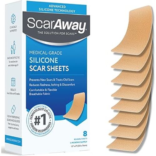 ScarAway Advanced Silicone Scar Sheets, Medical Grade Silicone Strips (1.5" x 3") Scar Treatment & Prevention for Surgical, Burn, Body, Hypertrophic & Keloid Scars Treatment, 8 Tan Reusable Sheets